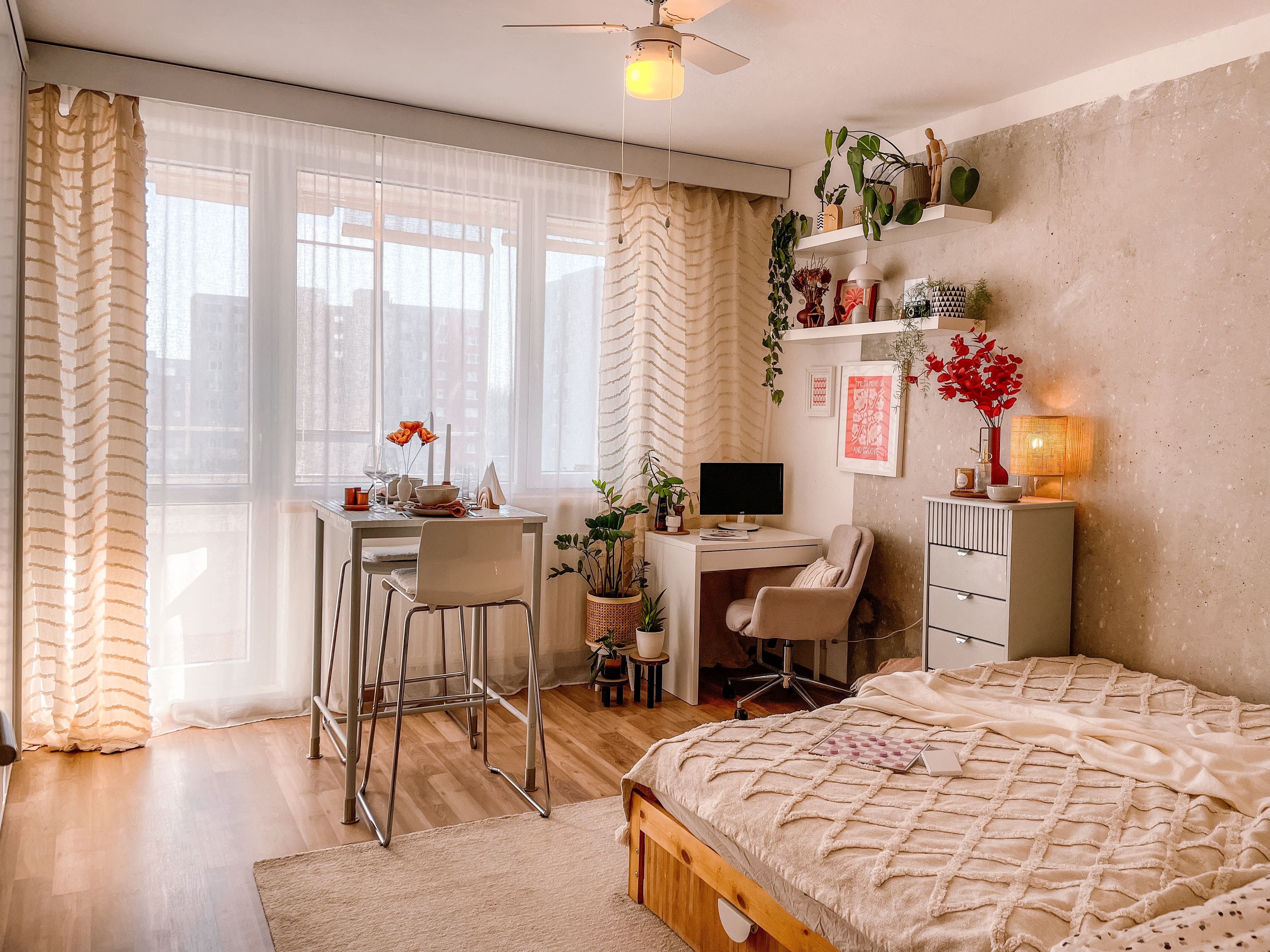 Cozy STR studio with dedicated desk workspace and indoor plants