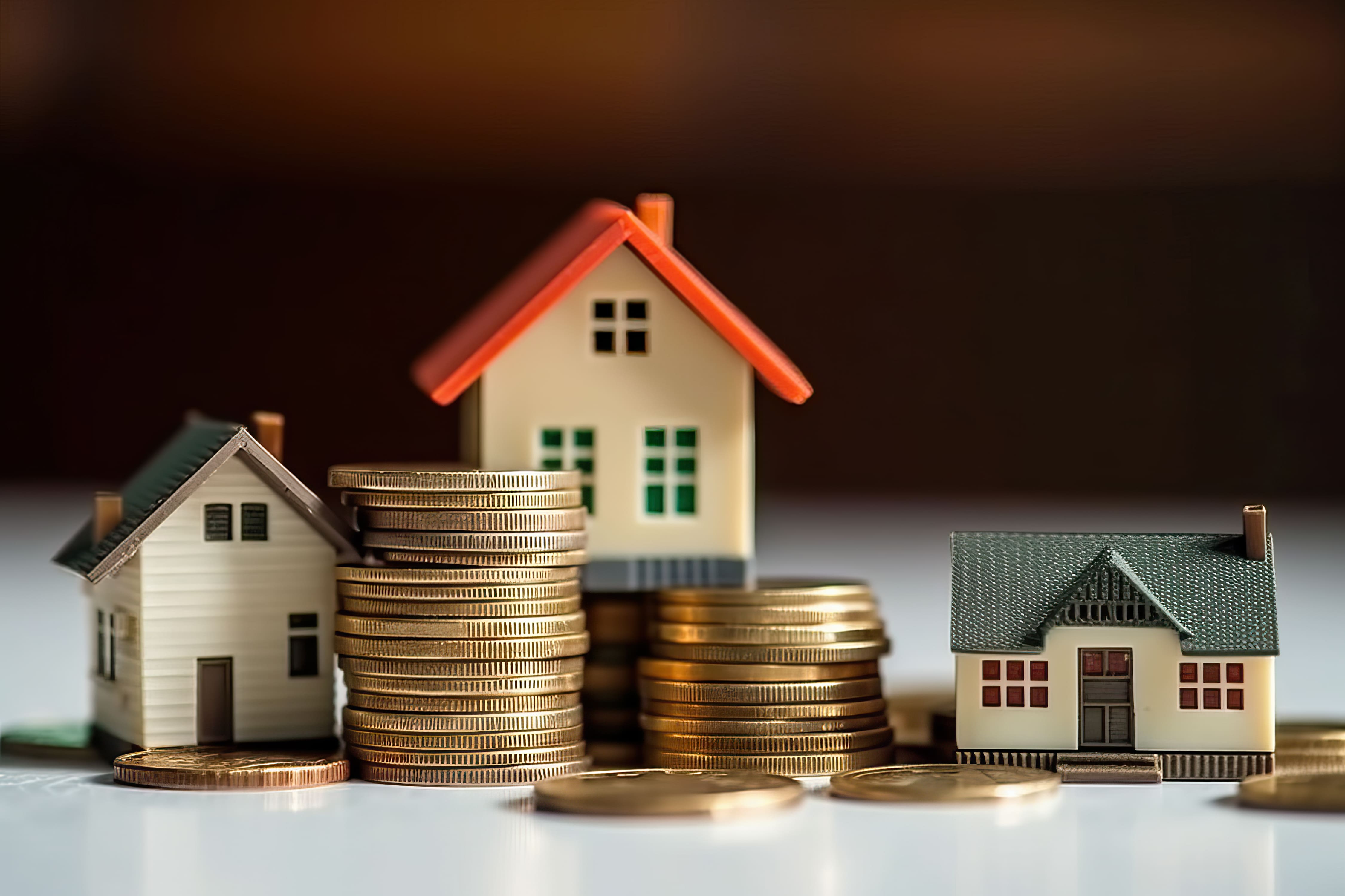 Multiple house models on gold coins representing a diversified portfolio